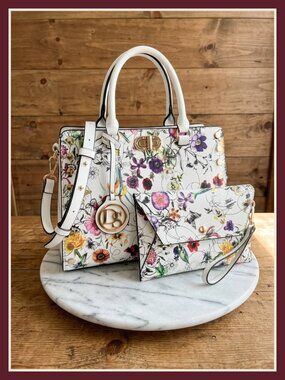 Women's Vegan Leather Satchel Handbag with Clutch 2 Piece Work Tote